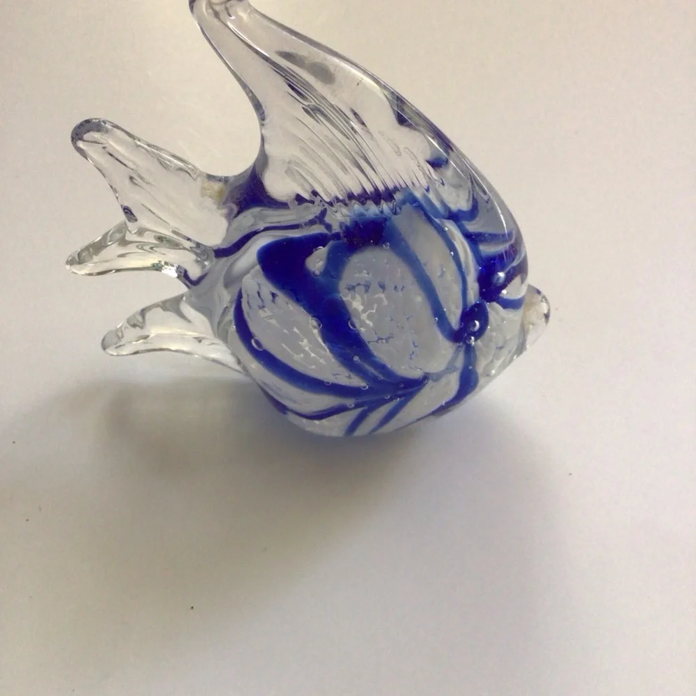 Vintage Murano Style Blue White Striped Glass Angelfish Paperweight Figurine